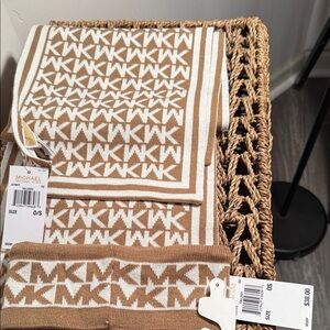 Michael Kors Tan and White Monogram Scarf and ear warmers